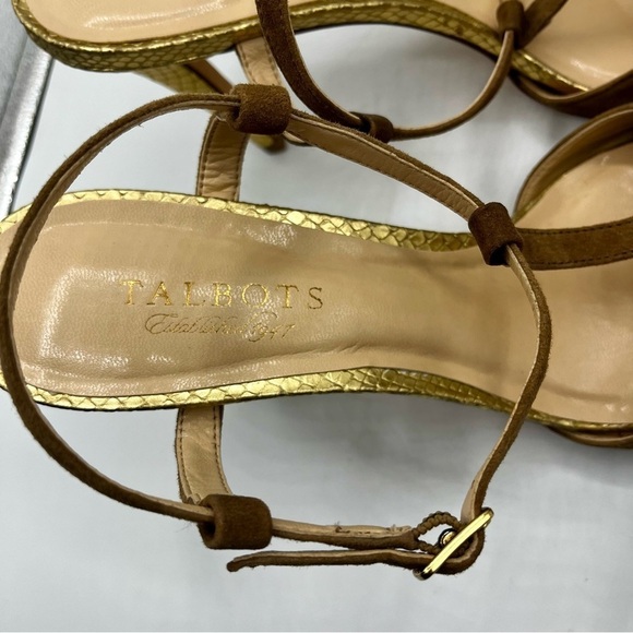 Talbots Gold Embossed Leather Tan Suede Open Toe Bow Accent Heeled Sandals 9.5B - Picture 7 of 12